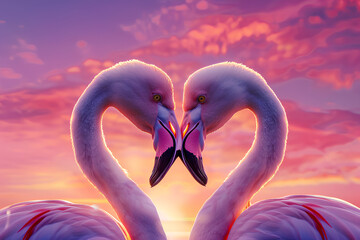 Fototapeta premium Two flamingos are facing each other with their beaks open