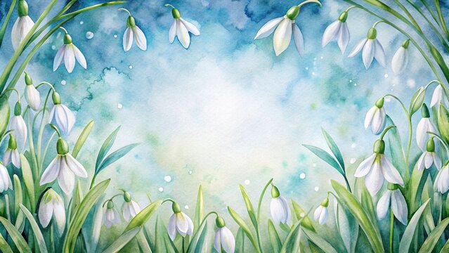 Watercolor background of snowdrops in a wide-angle frame