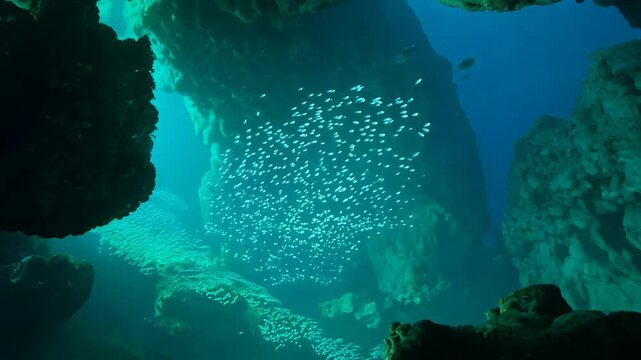 Top view from above, flat lay rotating underwater cave background with stalactites, stalagmites and bioluminescent creatures covering the entire frame space