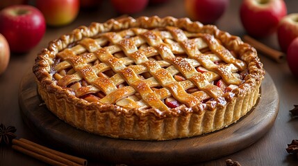 Freshly Baked Rustic Apple Pie with Lattice Crust and Golden Hour Lighting