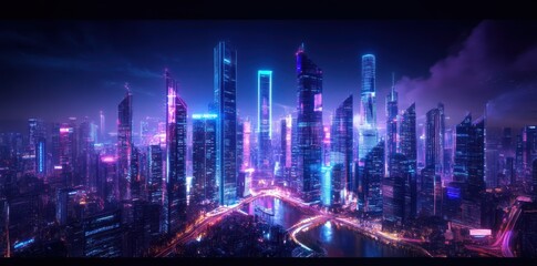 Obraz premium A futuristic mega-city boasts towering skyscrapers, automated walkways, and neon-lit streets brimming with advanced technology