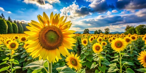 Fototapeta premium Yellow sunflower blossoms tower above a lush emerald field, showcasing nature's breathtaking splendor and majesty in