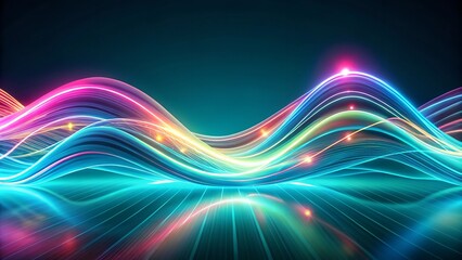 Abstract neon wavy lines with glowing light effects on a reflective surface