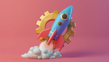 A colorful rocket launching from a cloud, surrounded by gears, representing innovation and creativity in a whimsical style.