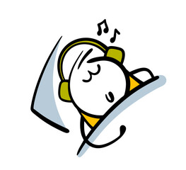 Contented teenager lies in bed at night and listens to loud music. Vector illustration of cartoon child with headphones on pillow and musical notes. Signs and symbols, a happy stickman spoils hearing.