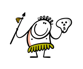 Cannibal native defeated a phrase from a neighboring tribe in a fight. Vector illustration of a man in a skirt made of palm leaves holding a skull and a spear in his hand. Happy wild stickman.