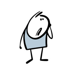 Cute confused stickman looks to the right and is horrified by what is happening. Vector illustration of a cartoon character to attract attention.