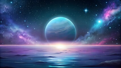 Cosmic ocean landscape with a glowing planet and starry sky