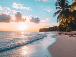 Sunset glow over tranquil beach with palm trees in a serene coastal paradise