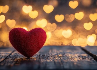 Obraz premium Red Felt Heart with Bokeh Heart Lights for Valentines Day