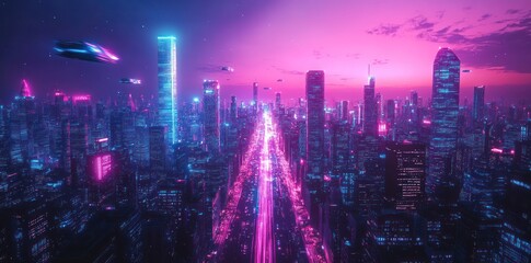 Fototapeta premium Futuristic Cityscape with Neon Lights and Flying Objects