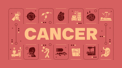 Cancer red word concept. Oncologic disease. Symptoms and treatment. Medical procedures. Visual communication. Vector art with lettering text, editable glyph icons. Hubot Sans font used