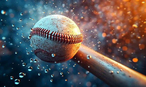 Baseball Bat and Ball in Action with Water Splashes