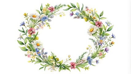 Fototapeta premium watercolor illustration of a small wildflower wreath frame from a low angle view