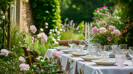 Beautifully set table for a garden party, adorned tablescape with vibrant floral arrangements, under the shade of blossoming rose bushes, inviting a sense of elegance and natural charm