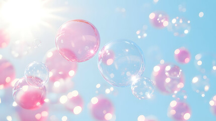 blue sky and pink soap bubbles