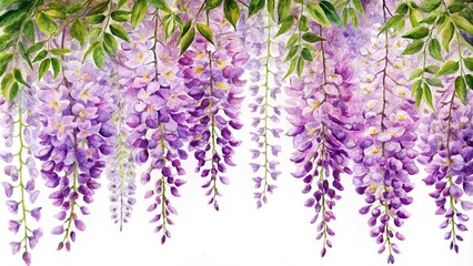 Naklejka premium Watercolor illustration of wisteria flowers hanging down