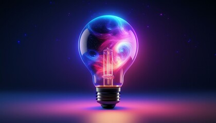 A glowing light bulb with vibrant colors and cosmic patterns, symbolizing creativity and innovation in a modern design.