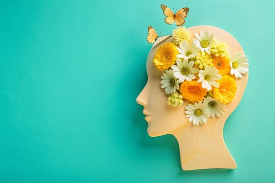 Creative mind concept with cardboard silhouette and floral decor for inspirational design