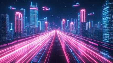 Fototapeta premium Neon Cityscape with Glowing Road and Flying Cars