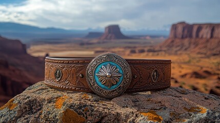 Ornate leather cowboy belt with silver buckle in desert setting
