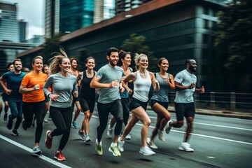 Enthusiastic participation in urban charity run event - group fitness for a cause