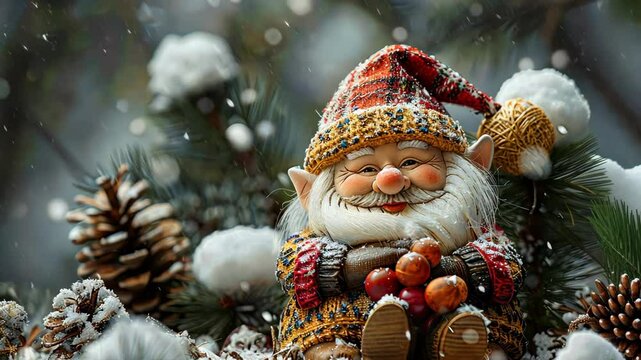 A festive gnome surrounded by pine cones and snow in a winter wonderland setting