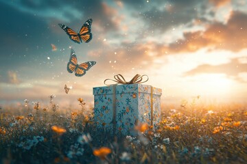 Whimsical scene with butterflies and a gift box in a flower field at sunset