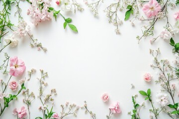Floral Frame of Pink and White Flowers on White Background for Valentines