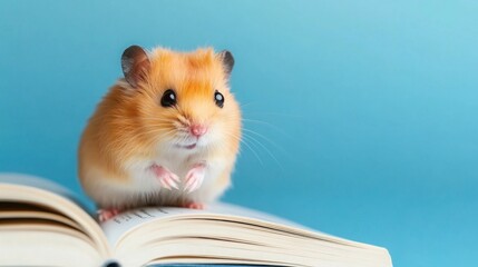 A cute hamster sits on an open book on a blue background