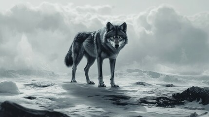 Naklejka premium A Lone Wolf Standing on a Snowy Landscape with Cloudy Skies