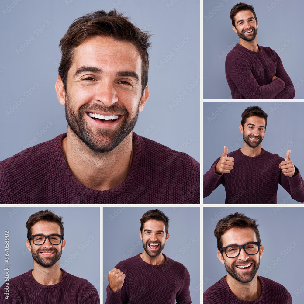 Wall mural Excited, collage and portrait of man in studio with happiness, joy and positive attitude. Thumbs up, composite and male person from Canada with celebration, smile and winning by gray background.