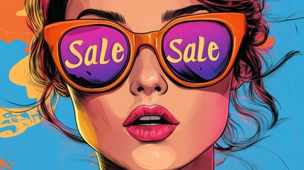 A vibrant comic book illustration featuring a character with bold glasses reflecting the word Sale, set against a colorful backdrop, captivating attention with its dynamic visuals and unique style