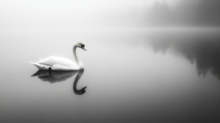 A lone swan swimming in a misty lake