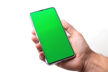 Close-up of a hand holding a modern smartphone mockup with a green white screen. Isolated on white background high quality.