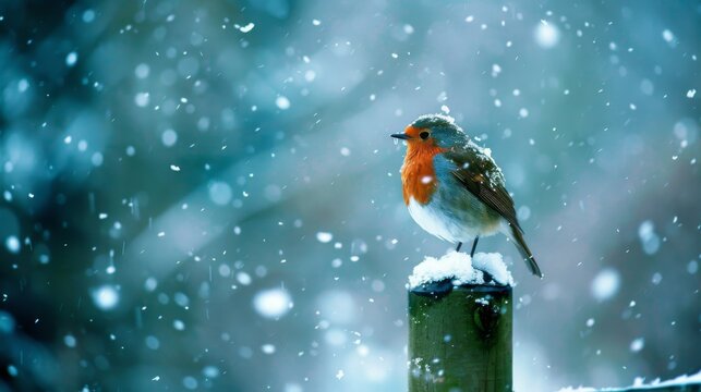 Robin on fence post in snowy winter scene