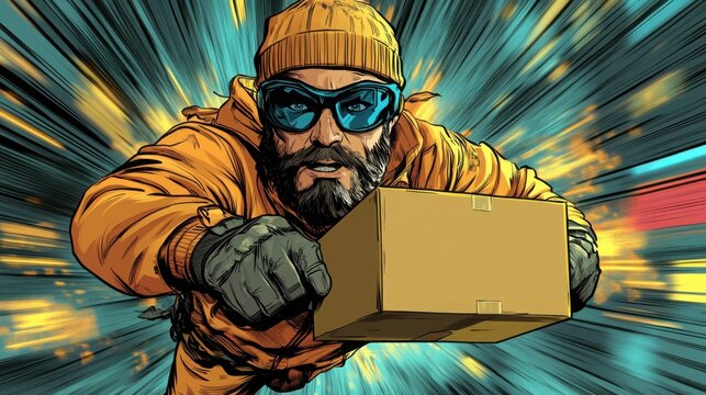 A determined courier races through the air holding a box, showcasing speed and efficiency in a vibrant comic book style while on a mission to deliver a package