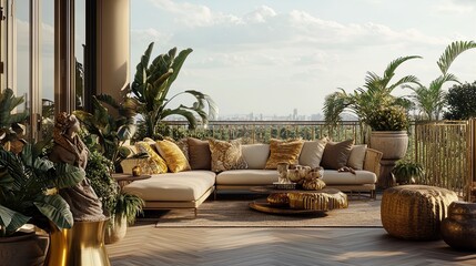 Enchanting Balcony Retreat: Ideal Poster for Outdoor Living Inspiration with Elegant Décor, Luxurious Seating, and Stunning Views - Perfect for Elevating Any Space!