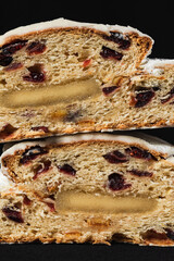 Close-up of Christmas stollen cutted