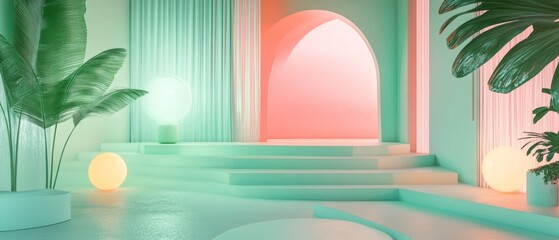 A green and pink room with a staircase and plants