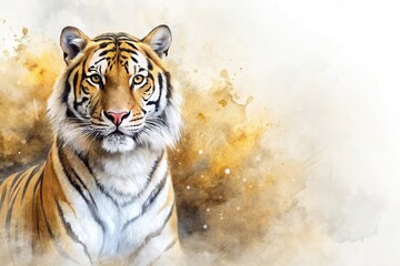 watercolor painting of majestic tigers in white and gold