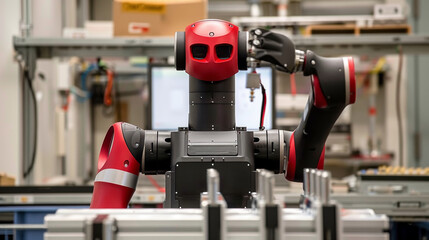 Red humanoid robot in industrial setting with blurred background.