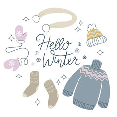 Hello winter poster template. Lettering with warm clothes frame for sale banner, motivational quote, cozy winter, knitting hobby theme card, flyer, web banner, invitation Isolated on white background