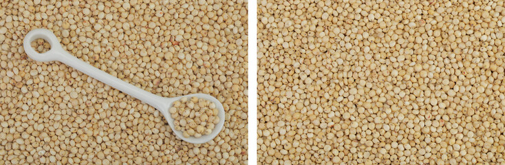 background of sorghum seeds with ceramic spoon. Top view. Flat lay.