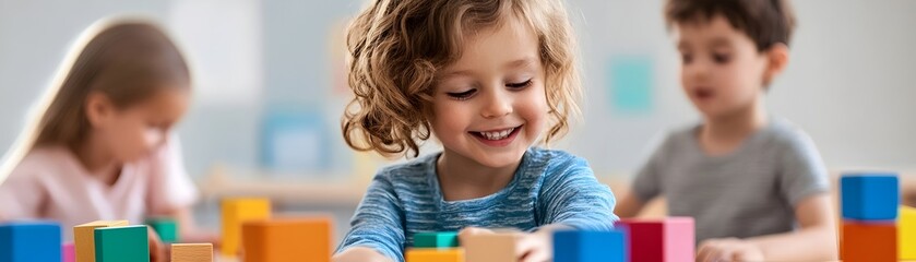 Children Playing Colorful Wooden Blocks in Bright Classroom Teamwork and Learning Concept