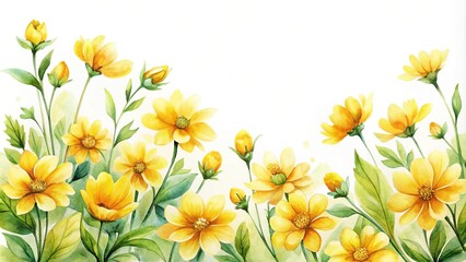 Watercolor painting of yellow flowers and green leaves on white background