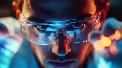 Close-up of a Man's Face in Safety Glasses with Blue and Red Lighting