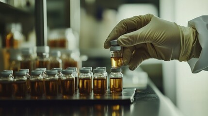 Gloved Hand Holding Small Glass Vials with Liquid in a Laboratory Setting
