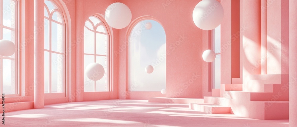 Wall mural A pink room with white balls floating in the air