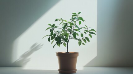 Fototapeta premium A potted plant with green leaves and a brown pot, illuminated by sunlight streaming through a window.